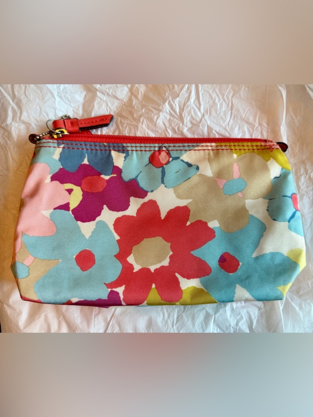 Coach Floral Print Cosmetic Pouch in Red, Pink, Blue, Yellow - Picture 2 of 8